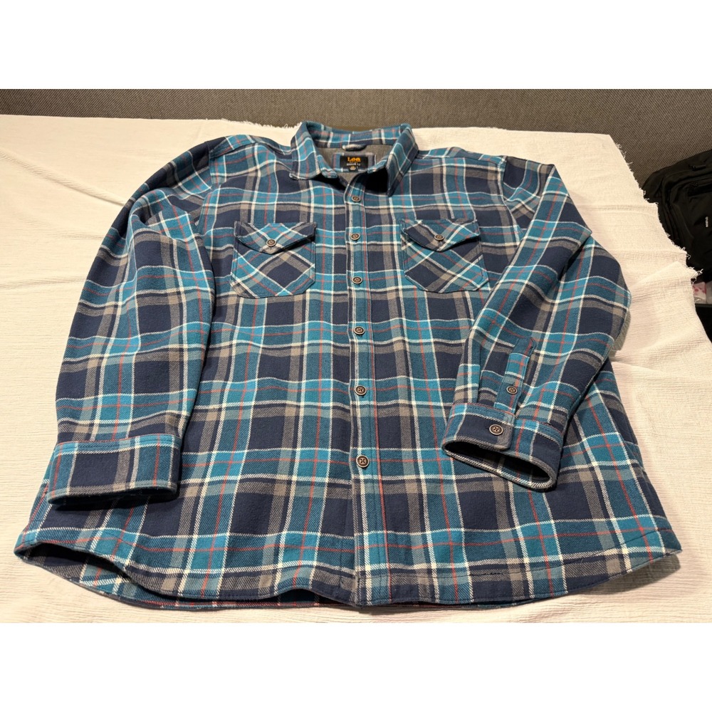 Lee Mens XXL Regular Fit Flannel Shirt Jacket Blue Plaid Jersey Lined 1617830 - Picture 12 of 13
